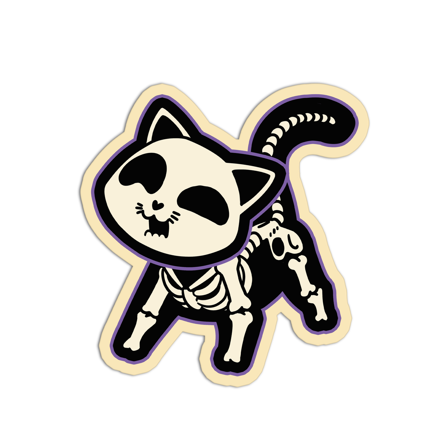 Sticker of a skeleton cat with a beige border on a white background
