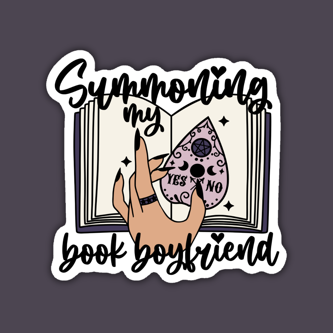 Sticker with a hand holding a 'yes' and 'no' card over an open book with text 'Summoning my book boyfriend'.