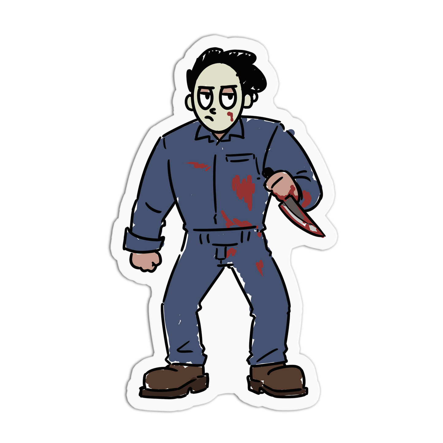 A die-cut vinyl sticker featuring a cartoon illustration of a man in a blue blood-splattered jumpsuit holding a knife, shown on a plain white background.