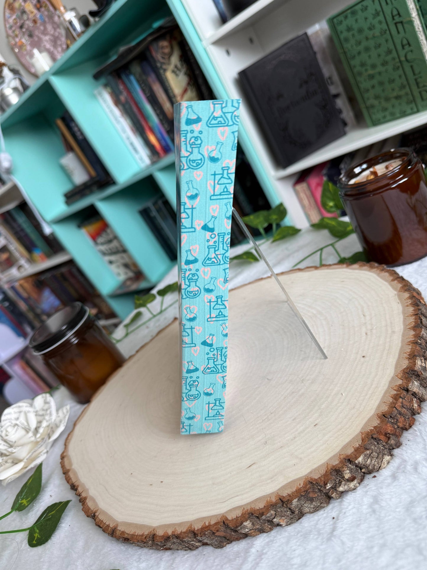 Blue box with a pattern on a wooden surface with a blurred background