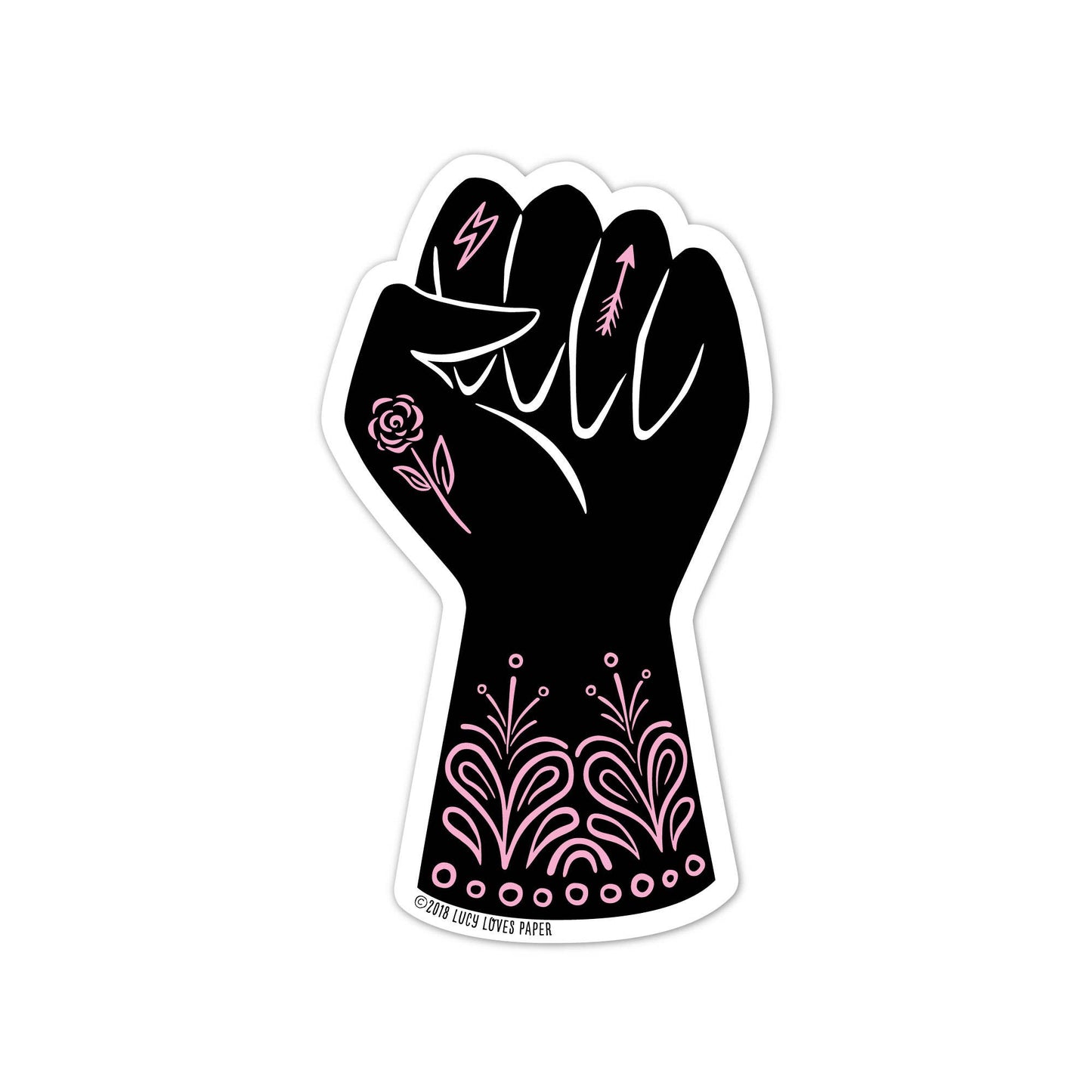 A die-cut vinyl sticker featuring a black raised fist decorated with pink floral and line-art details, shown on a plain white background.