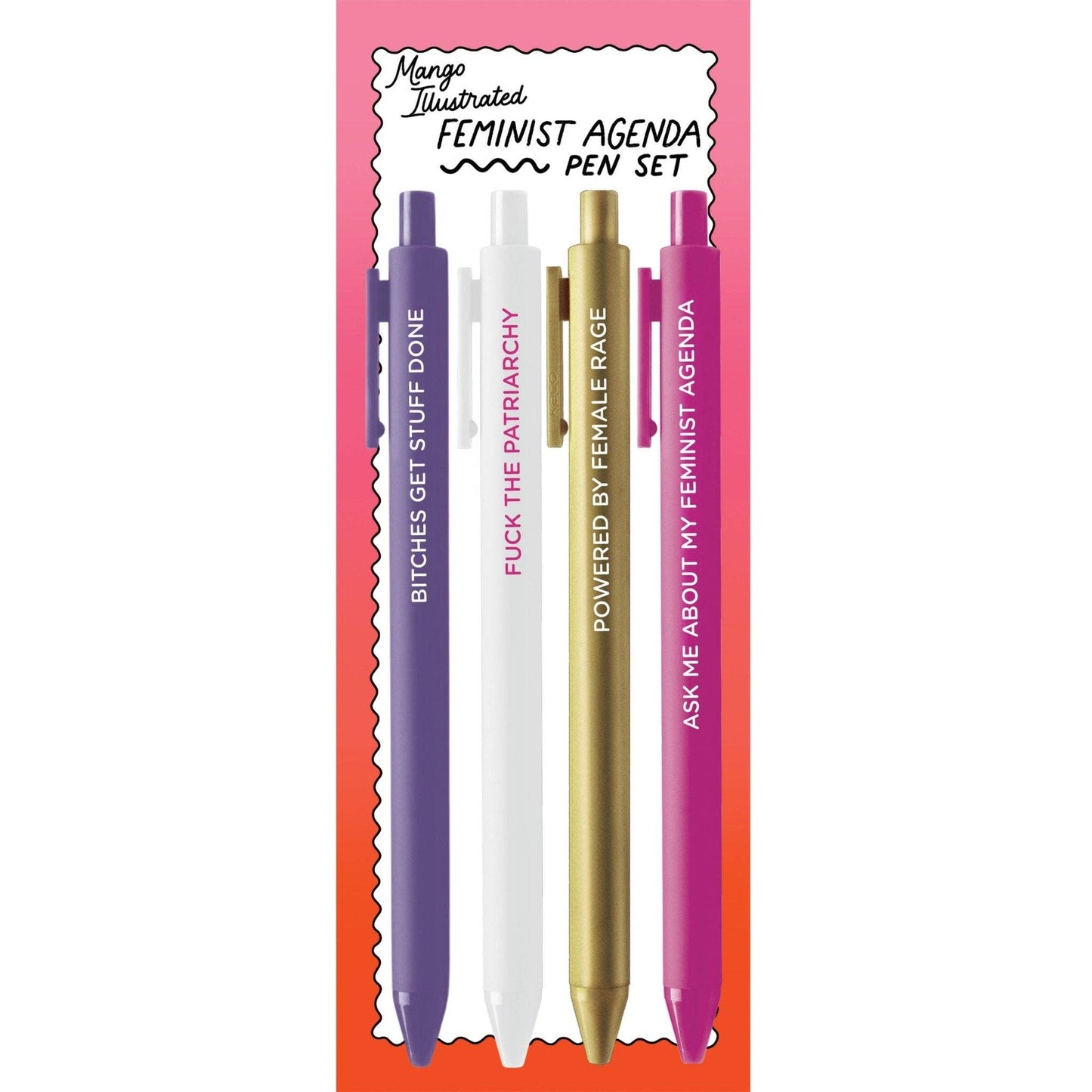 Feminist Agenda pen set with four pens in different colors on a pink background