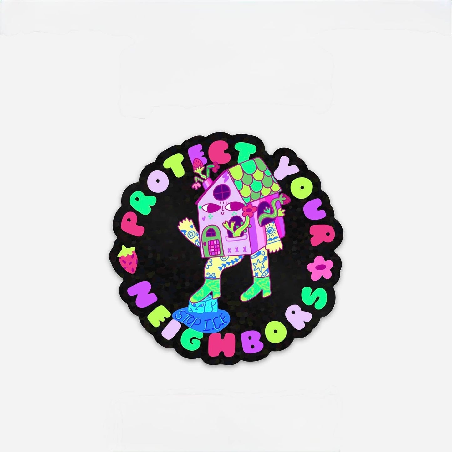 Colorful sticker with a house and text on a white background