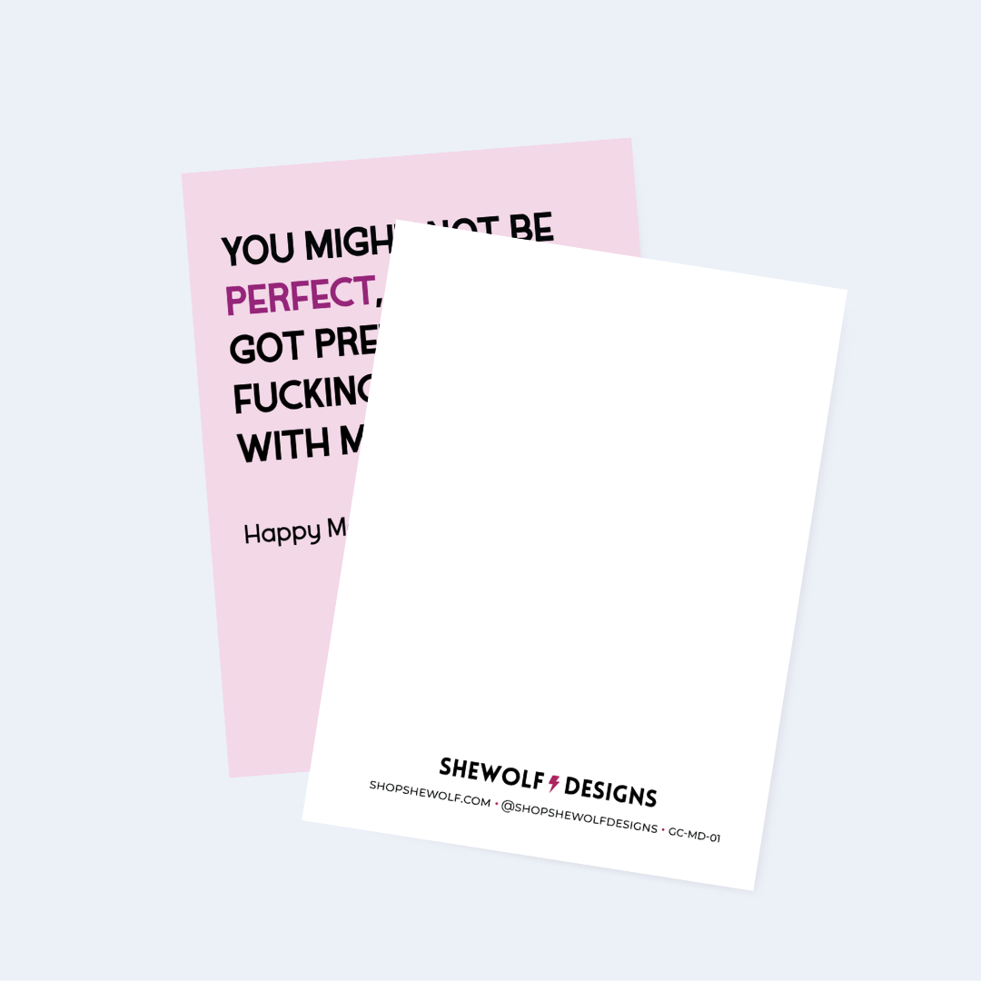 Two greeting cards with text on a white background, one pink and one white.