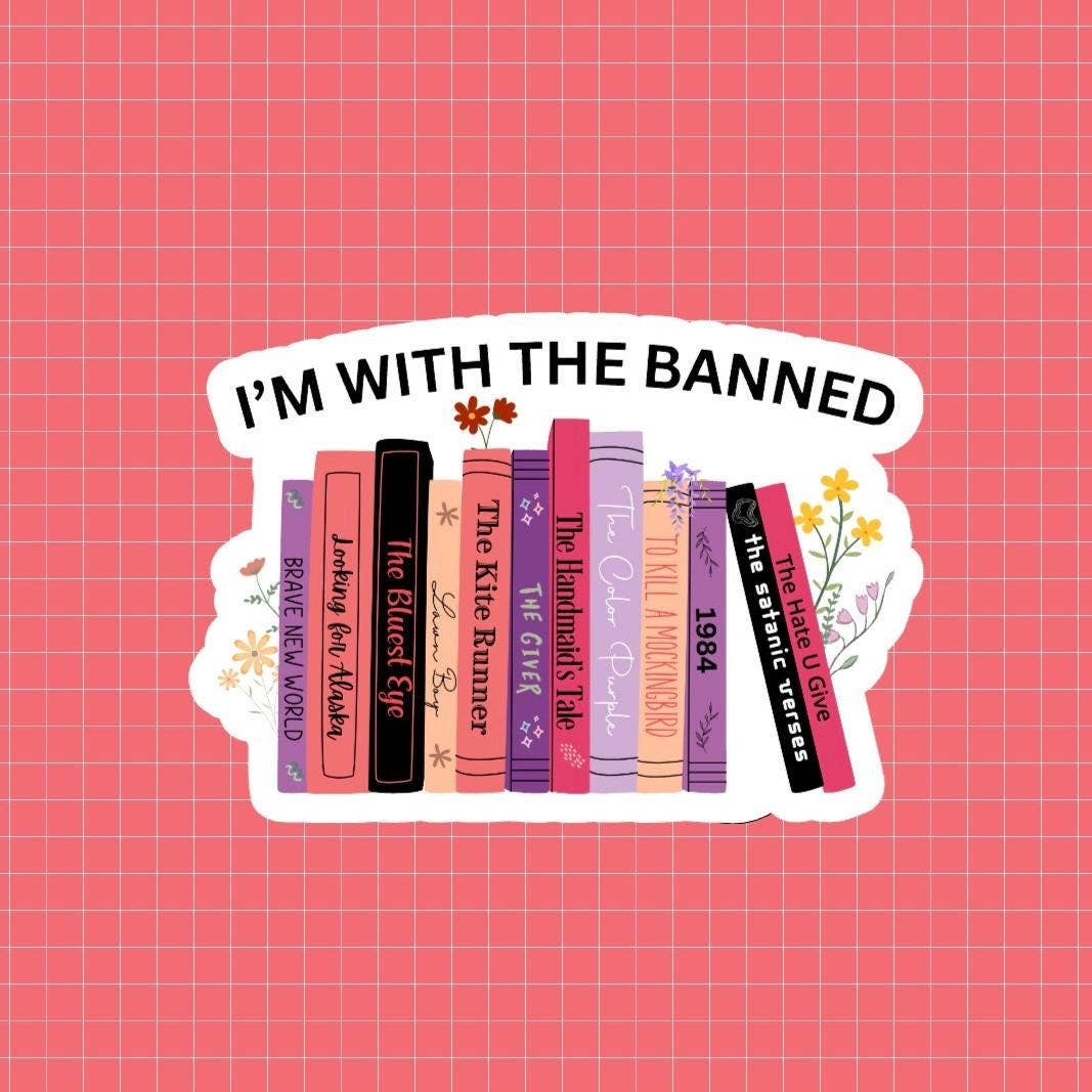 Sticker with book illustrations and text 'I'm with the banned' on a pink grid background