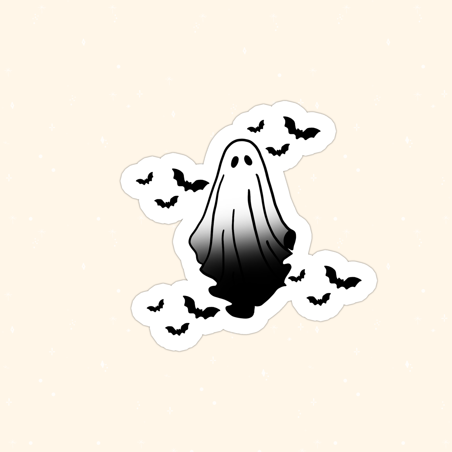 A die-cut sticker featuring a black and white gradient ghost surrounded by small black bats, shown on a light beige background.