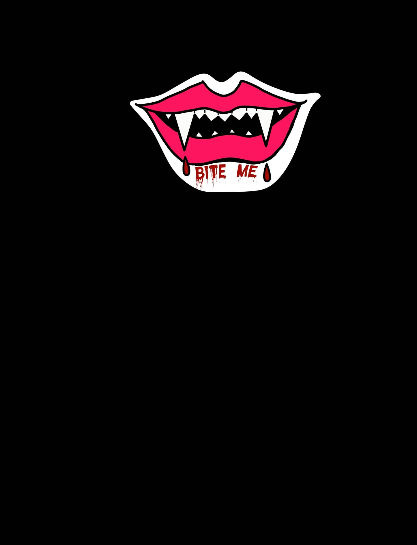 Cartoon vampire mouth with fangs and 'Bite Me' text on a black background