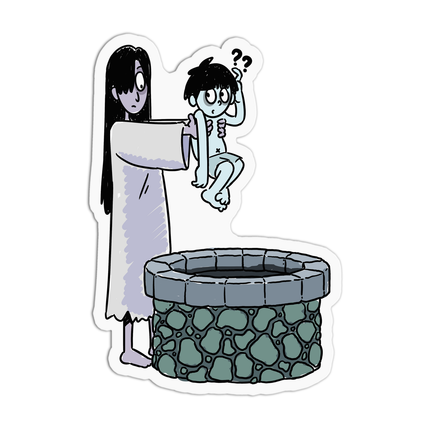 A die-cut sticker featuring a cartoon illustration of a pale woman in a long dress standing beside a stone well, holding a small light blue child who looks confused with question marks above the head.