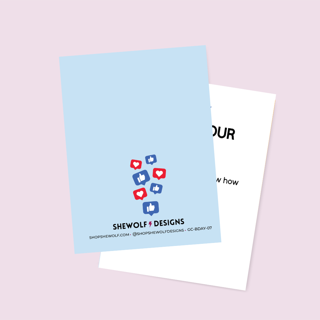 Light blue card with social media icons and 'Shewolf Designs' branding on a pink background