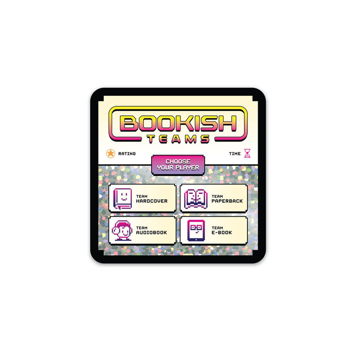 A square digital graphic with rounded corners featuring the text 'BOOKISH TEAMS' and a colorful interface layout for choosing a player, including buttons for team mindcover, team papersback, team audiobook, and team e-book, on a light gray background.