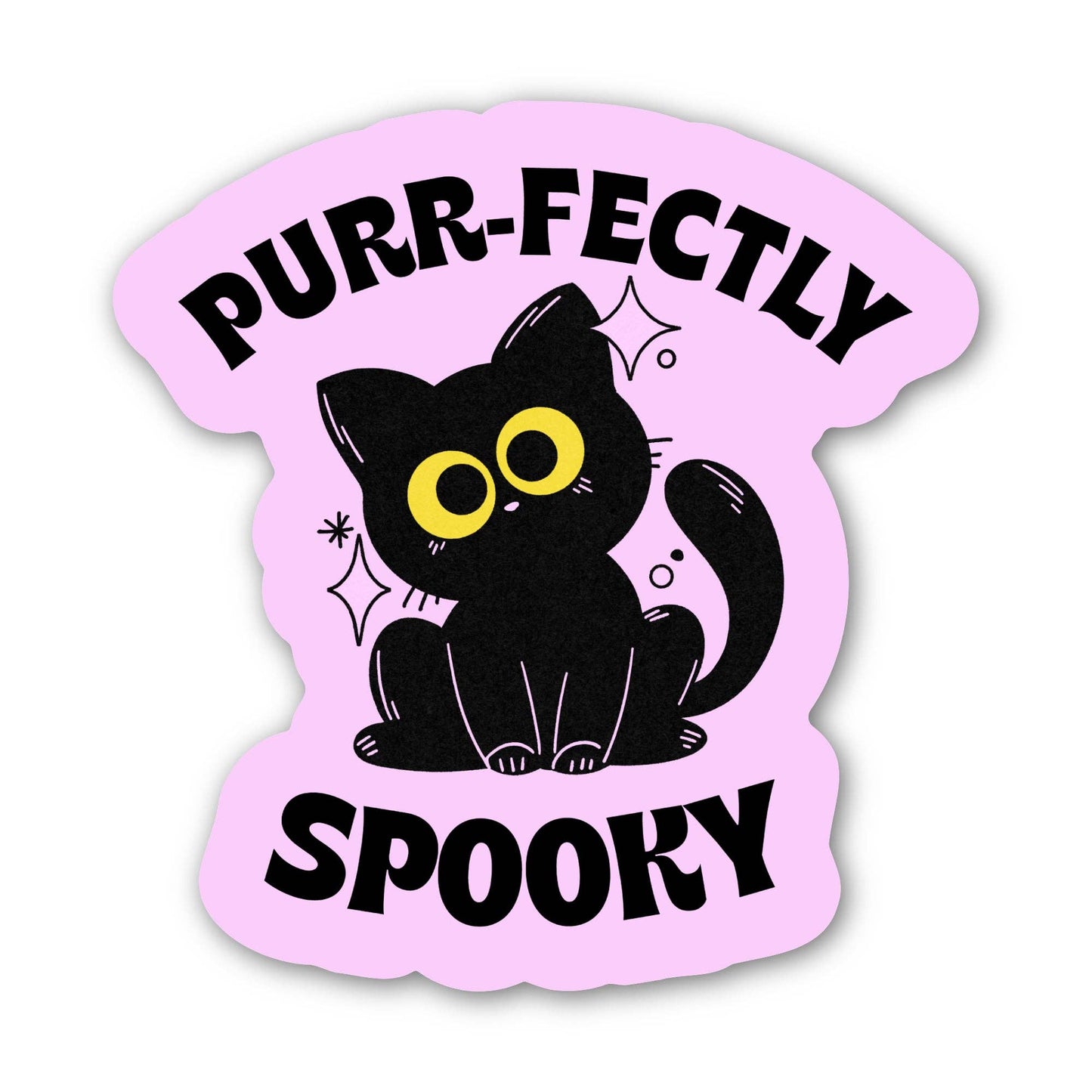 A die-cut sticker featuring a black cartoon cat with large yellow eyes on a light pink background, with the words 'PURR-FECTLY' at the top and 'SPOOKY' at the bottom in black lettering.