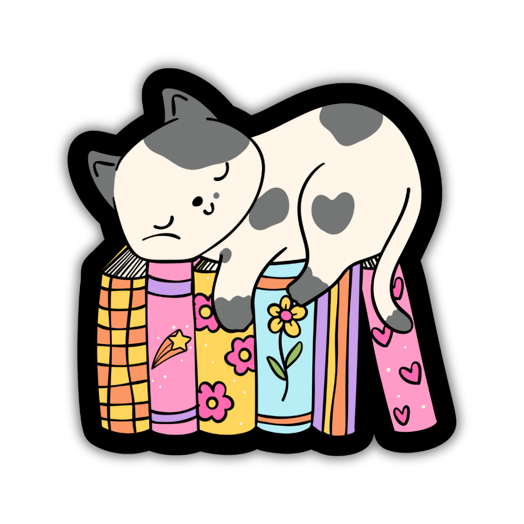 Cartoon cat with colorful books on a white background