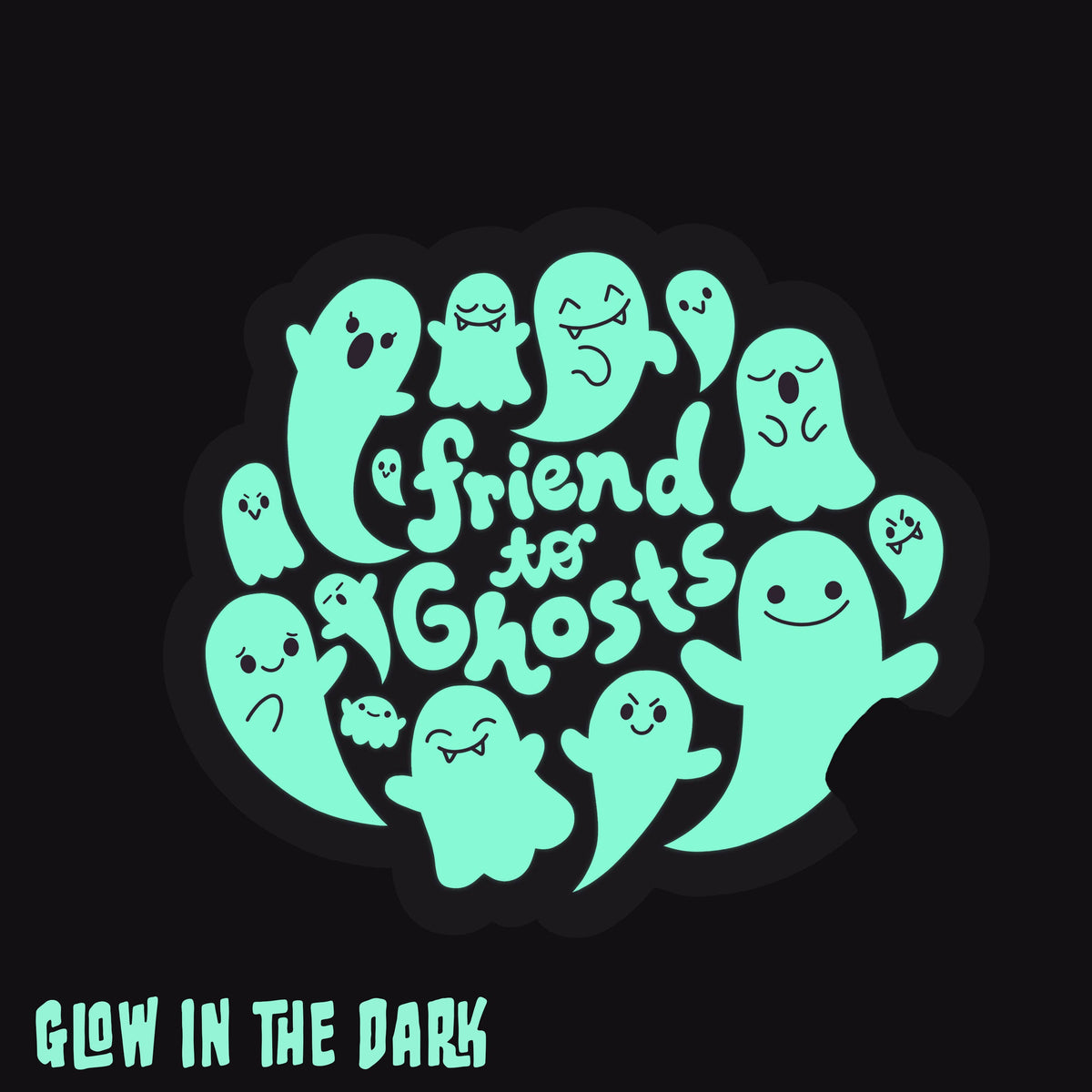 Glowing turquoise ghosts with 'Friend to Ghosts' text on a black background