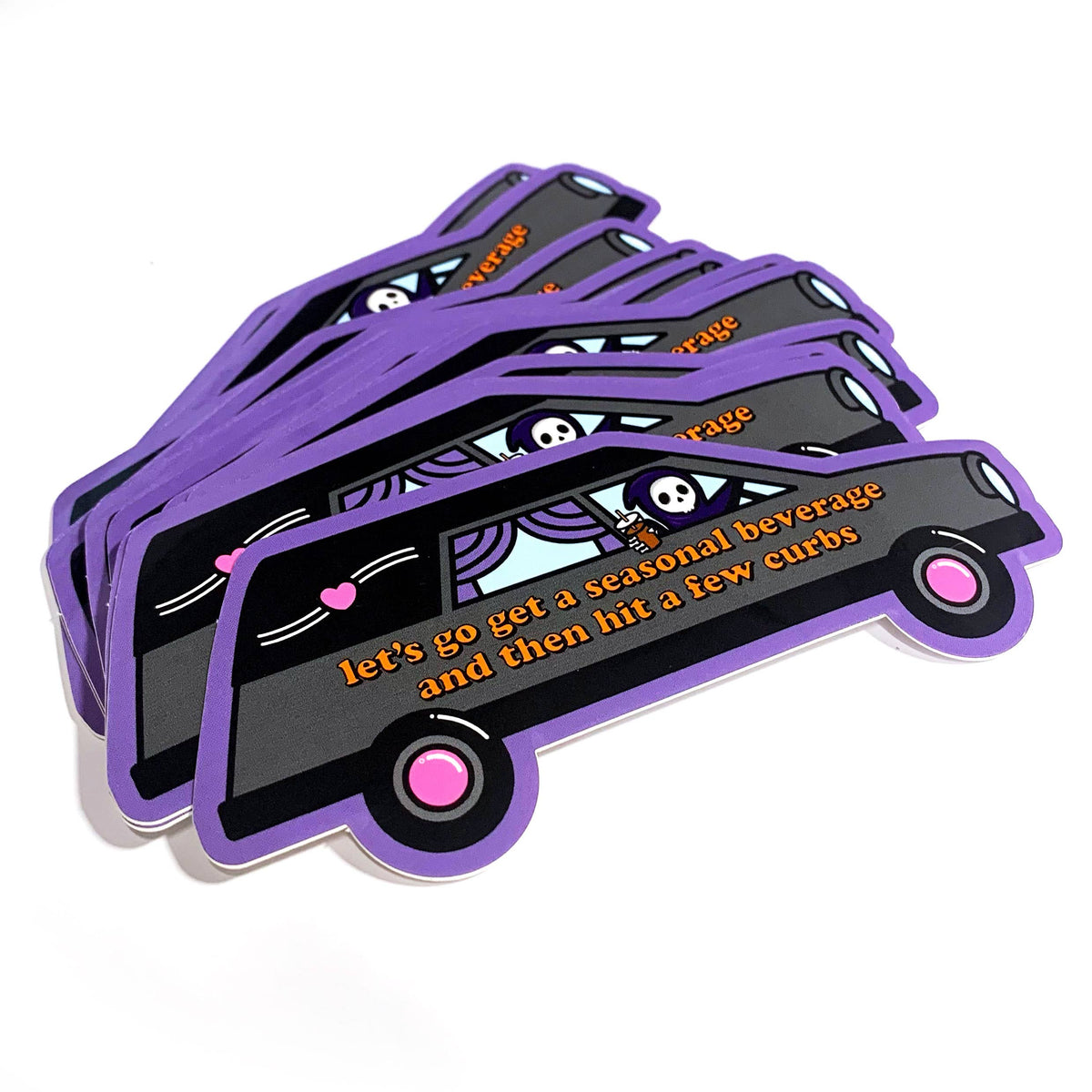 Seasonal Beverage & Hit a Few Curbs Sticker | Funny Grim Reaper Fall Sticker