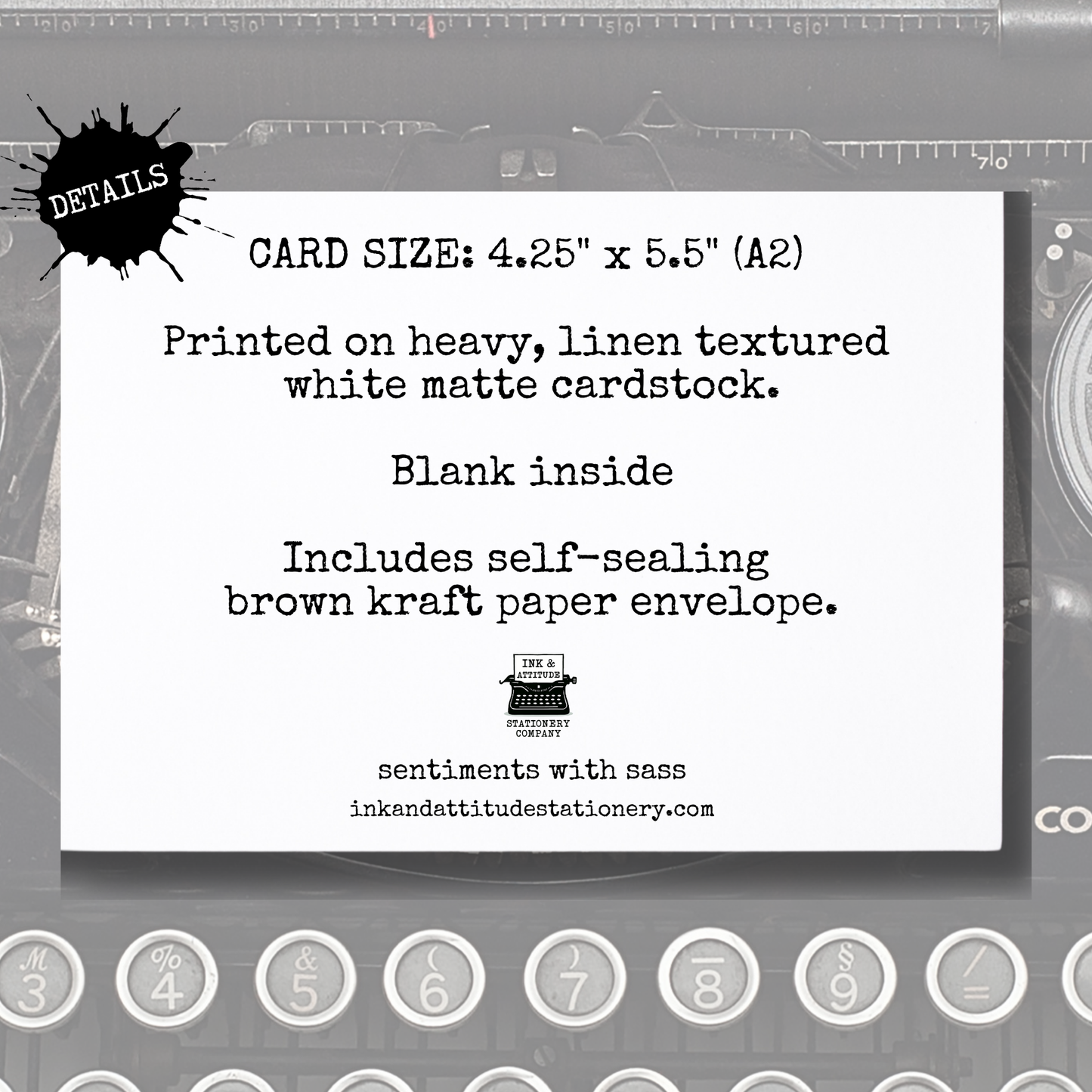 Card size details on a white card with black text against a gray background with stationery-themed elements.