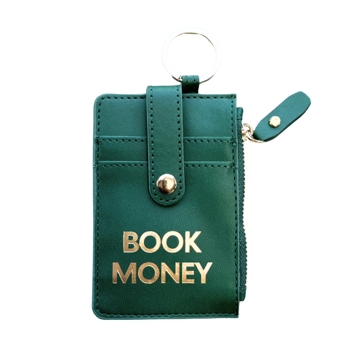 Green wallet with 'BOOK MONEY' text on a white background