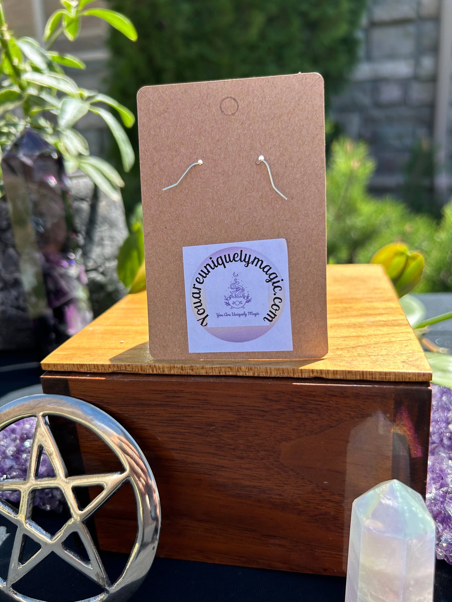 Brown cardboard card with a label on a wooden block, surrounded by crystals and plants.