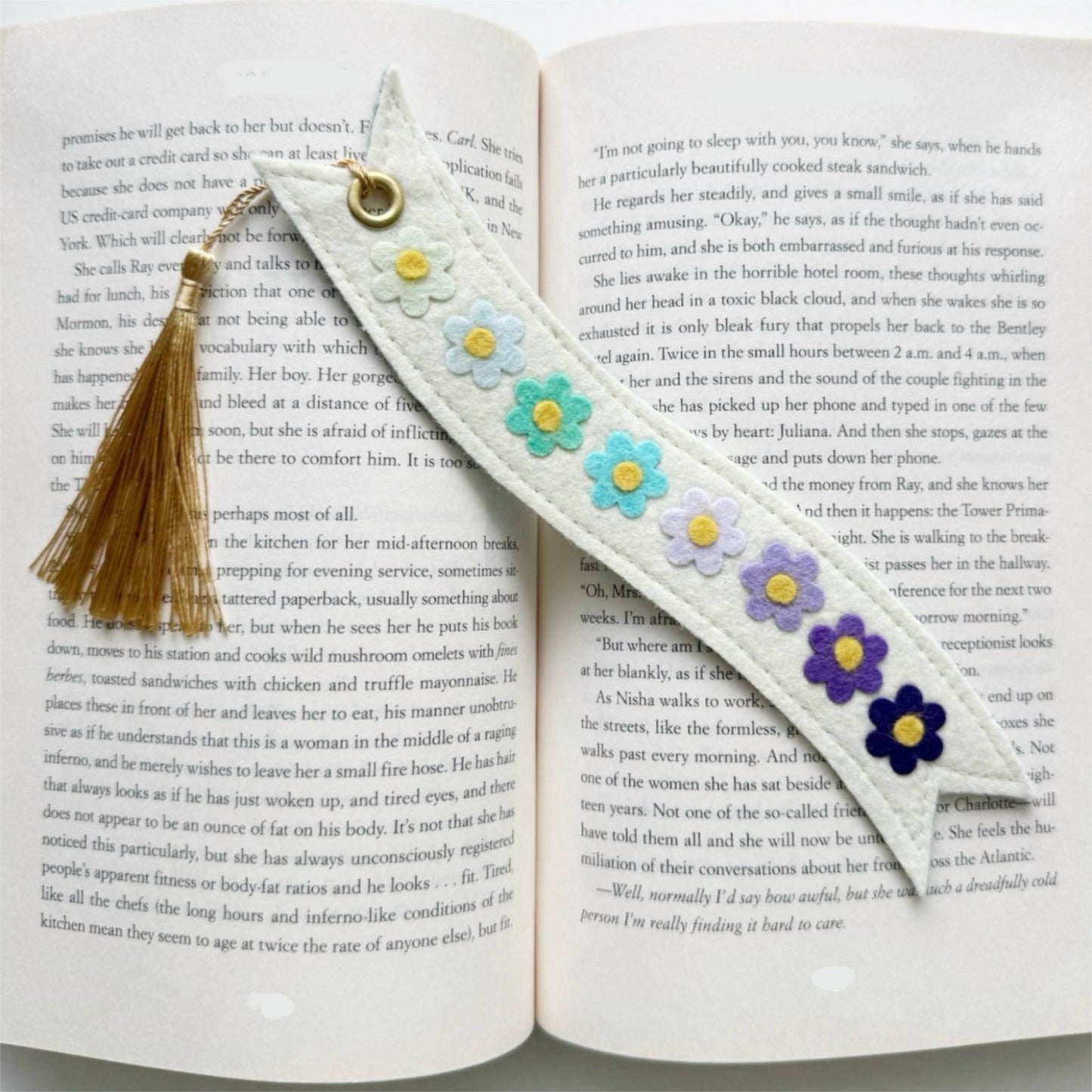 Floral bookmark with tassel on an open book