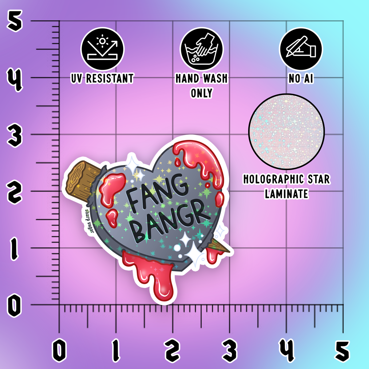 Sticker with 'Fang Bang' text on a gradient background with product features listed.