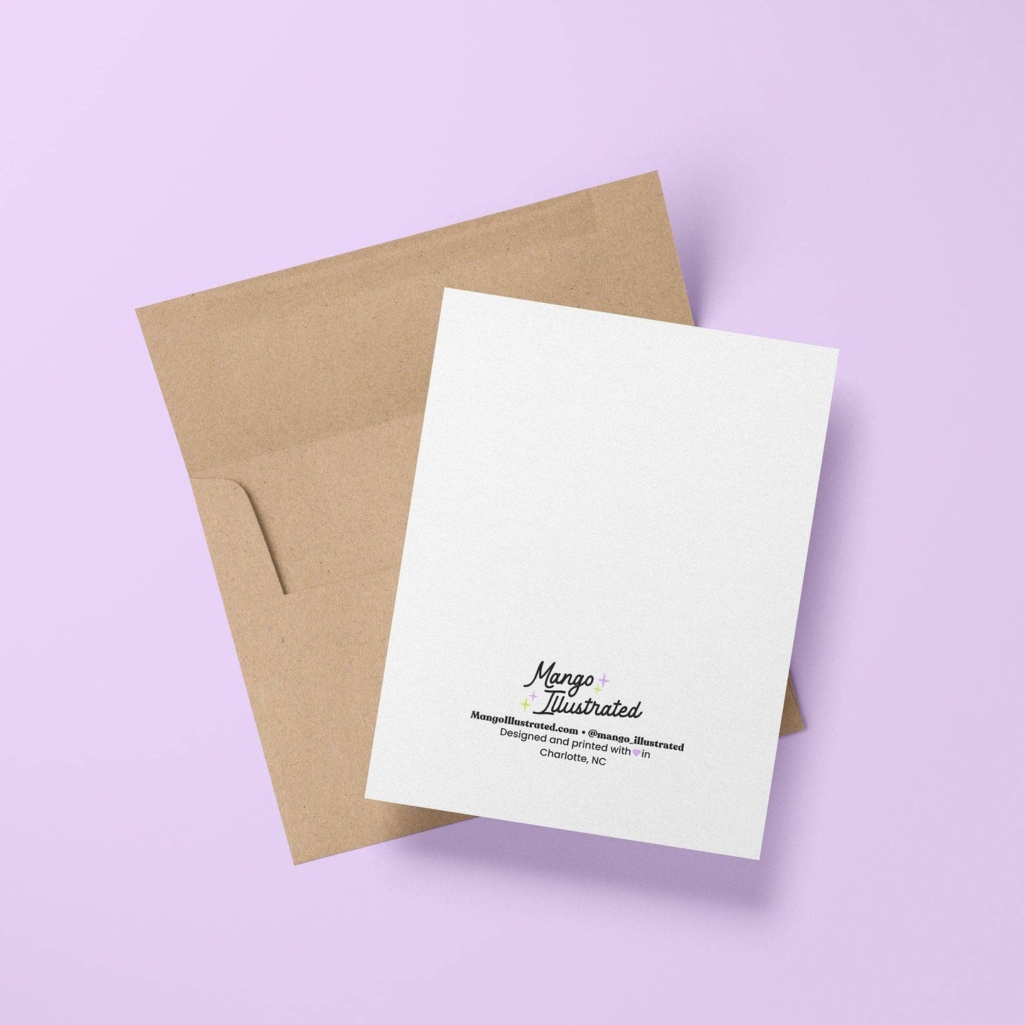 White card with 'Mango Illustrated' logo on a brown envelope against a purple background