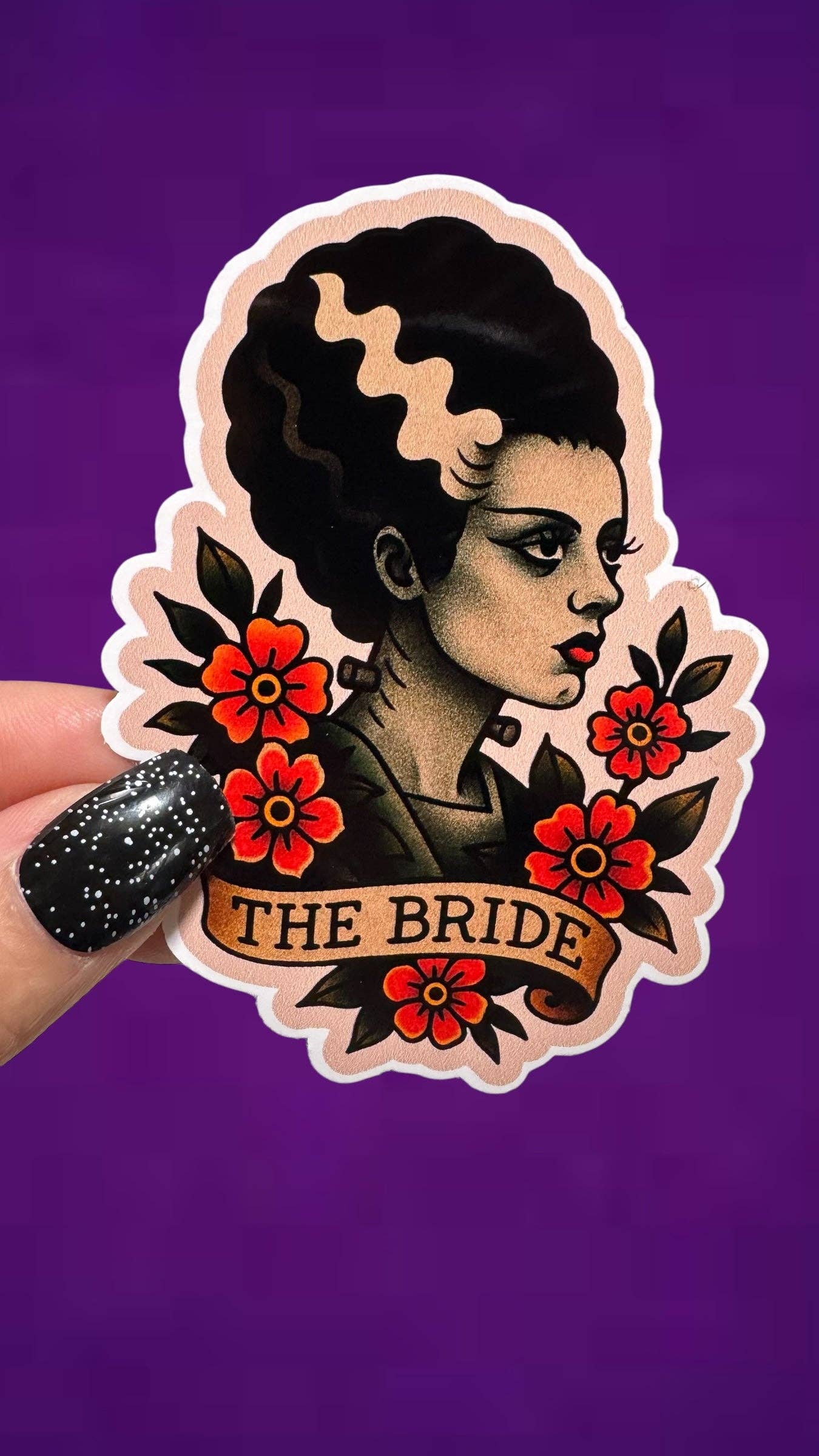 Sticker of a woman with flowers and 'The Bride' text on a purple background