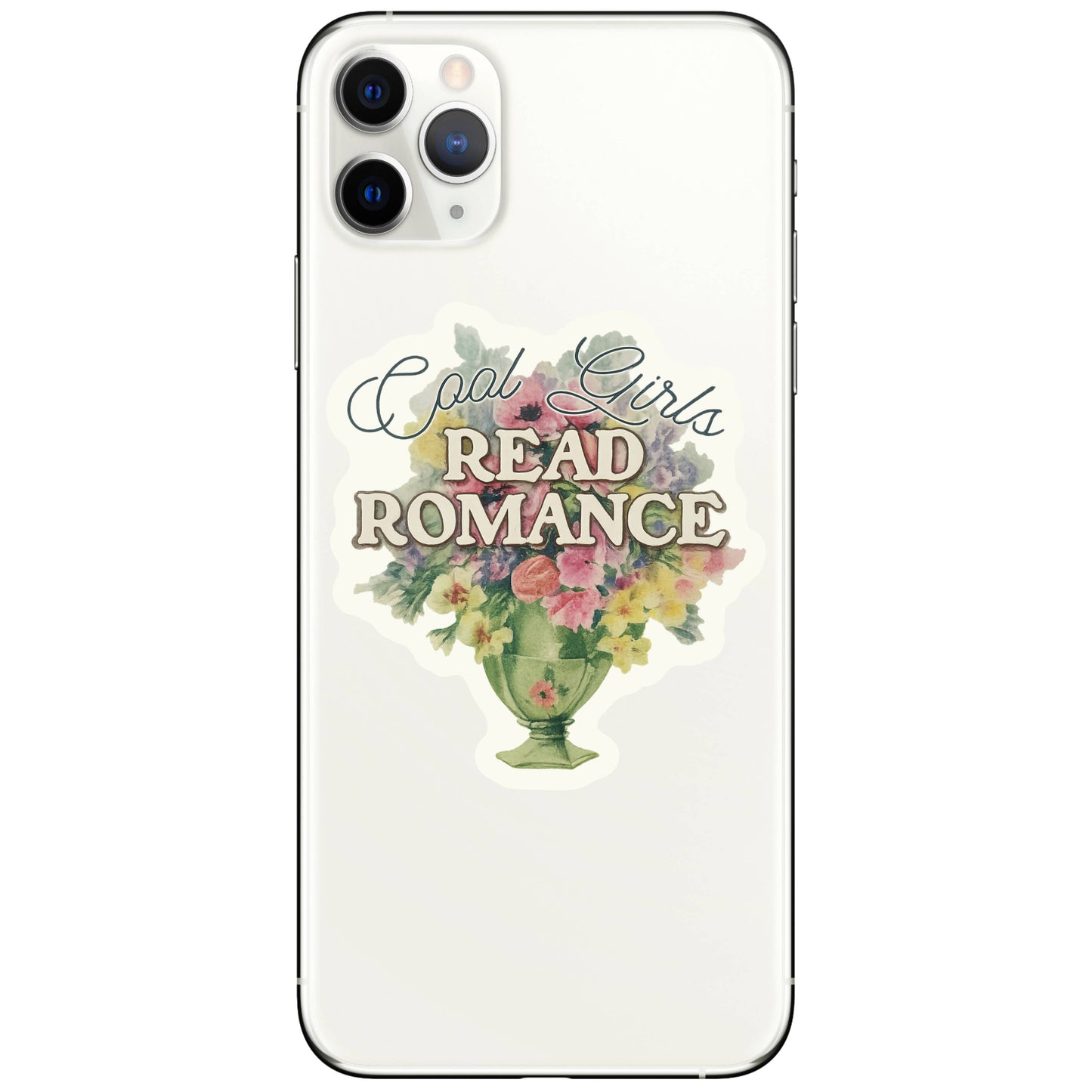 Phone case with floral design and text 'Cool Girls Read Romance' on a white background