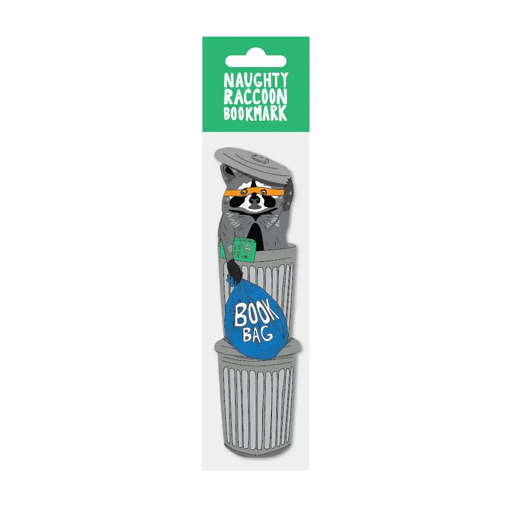 Bookmark with raccoon design in a trash can, labeled 'Naughty Raccoon Bookmark', on a white background.