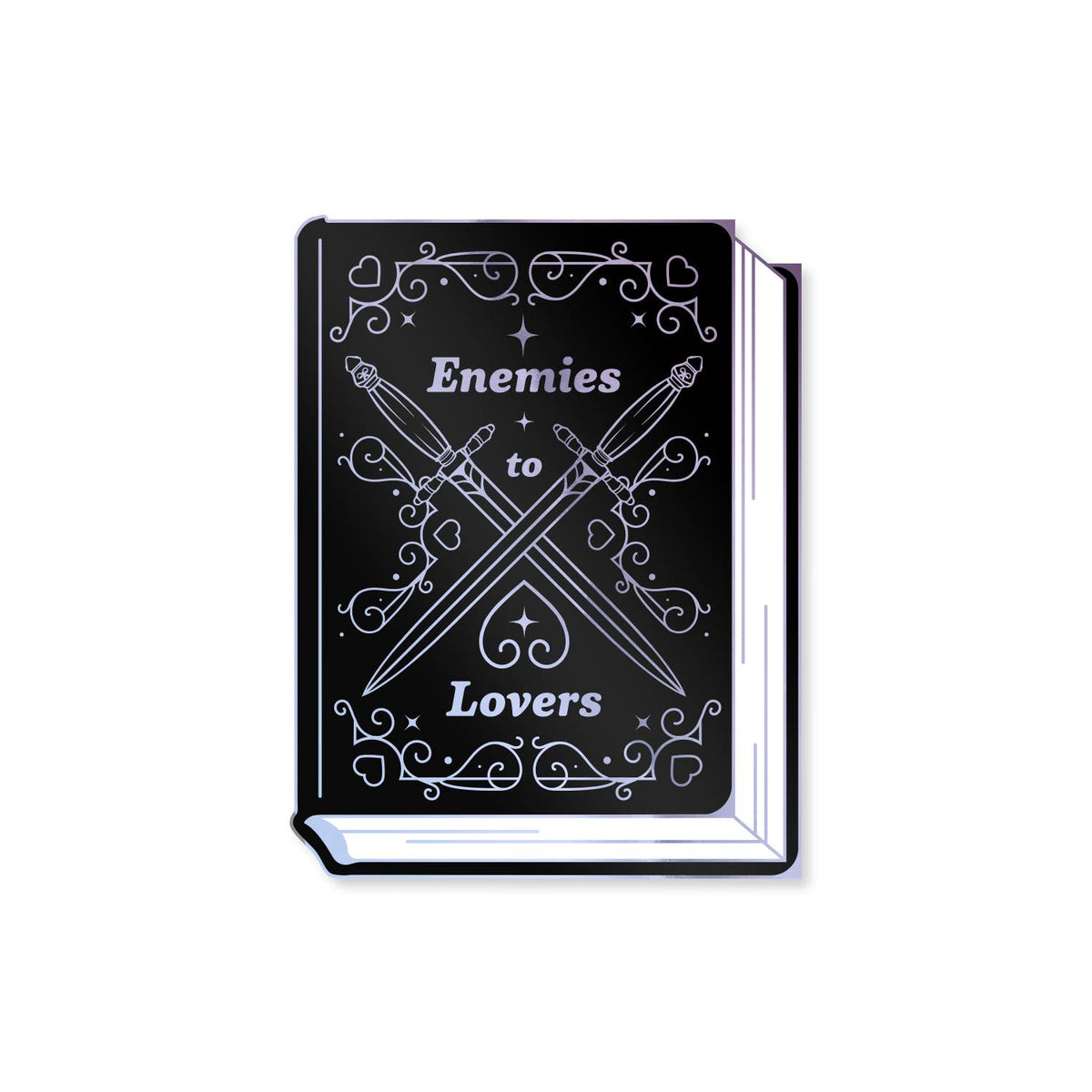 A black hardcover book or notebook with white gothic-style text reading 'Enemies to Lovers' and crossed swords with decorative flourishes on the cover, shown on a plain white background.