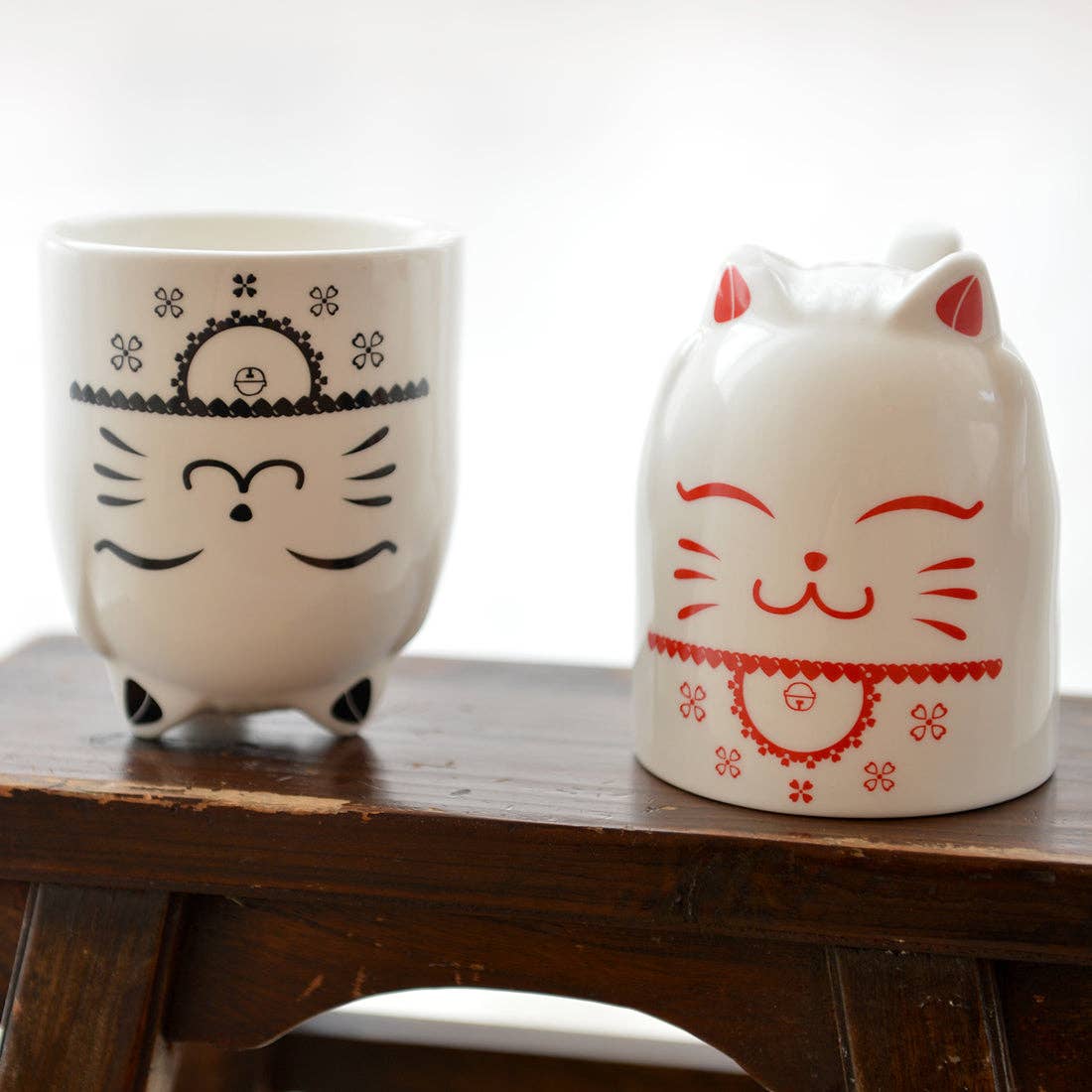 Ceramic Cat Mugs – Red & Black Set (11 oz) – Lucky Sips Ahead!