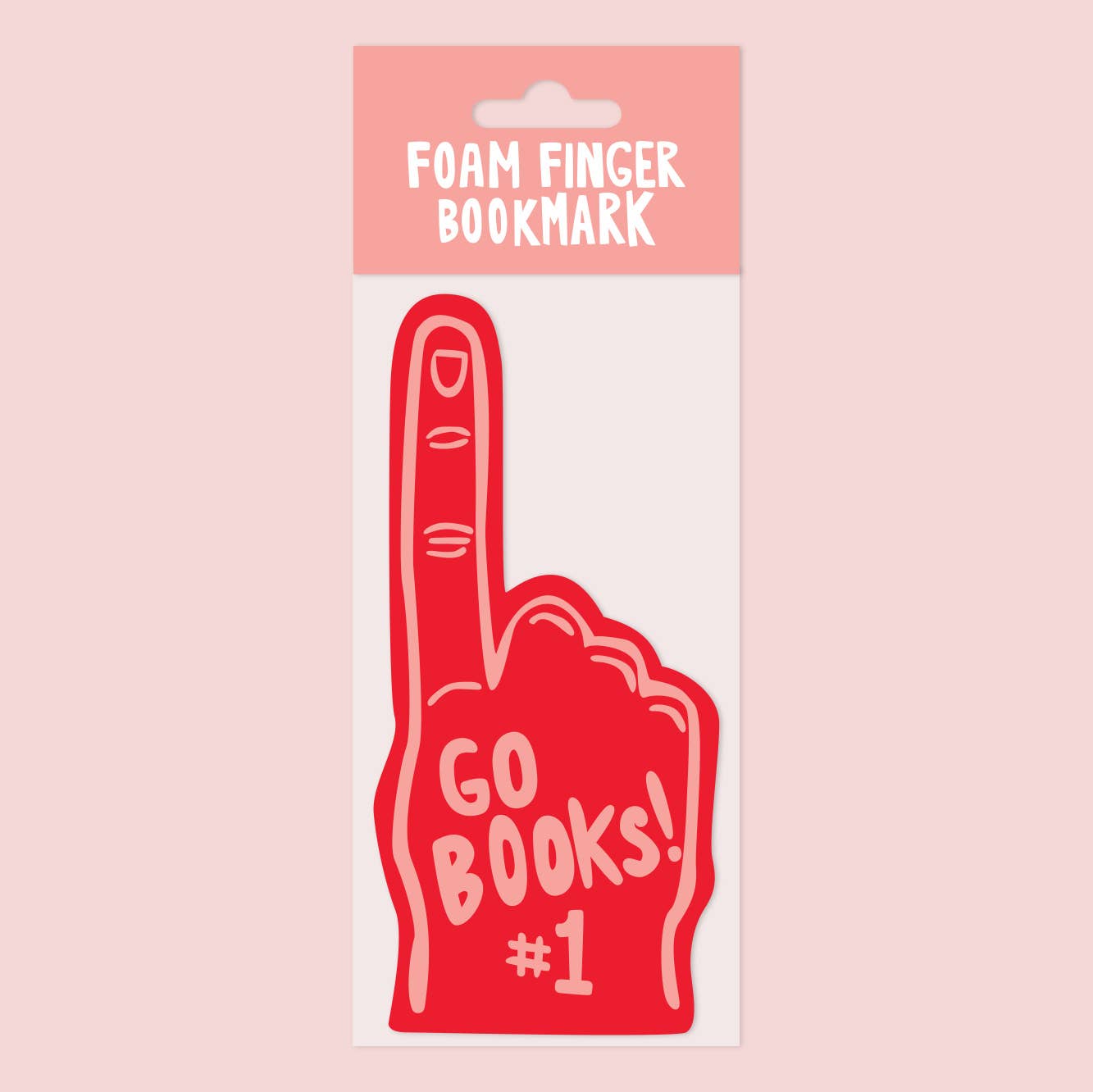 Red foam finger bookmark with 'GO BOOKS! #1' text on a pink background