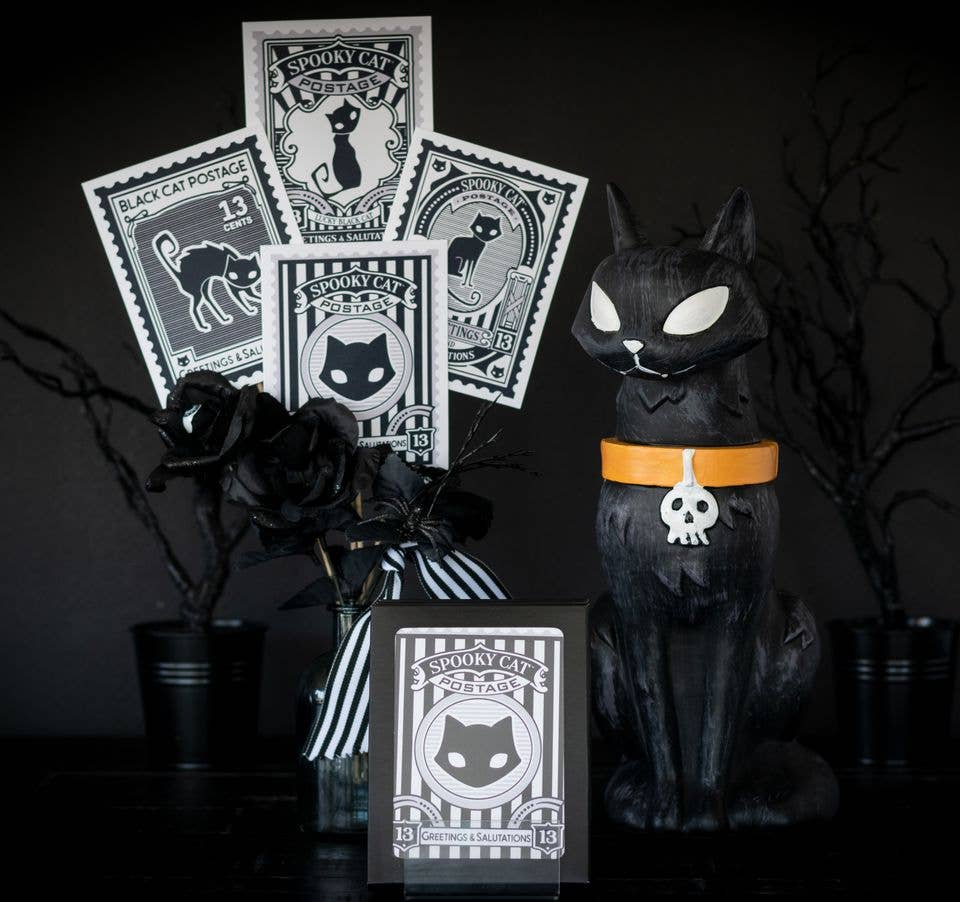 Black Cat Postage Card Set | 4-Piece Gothic Greeting Card Set