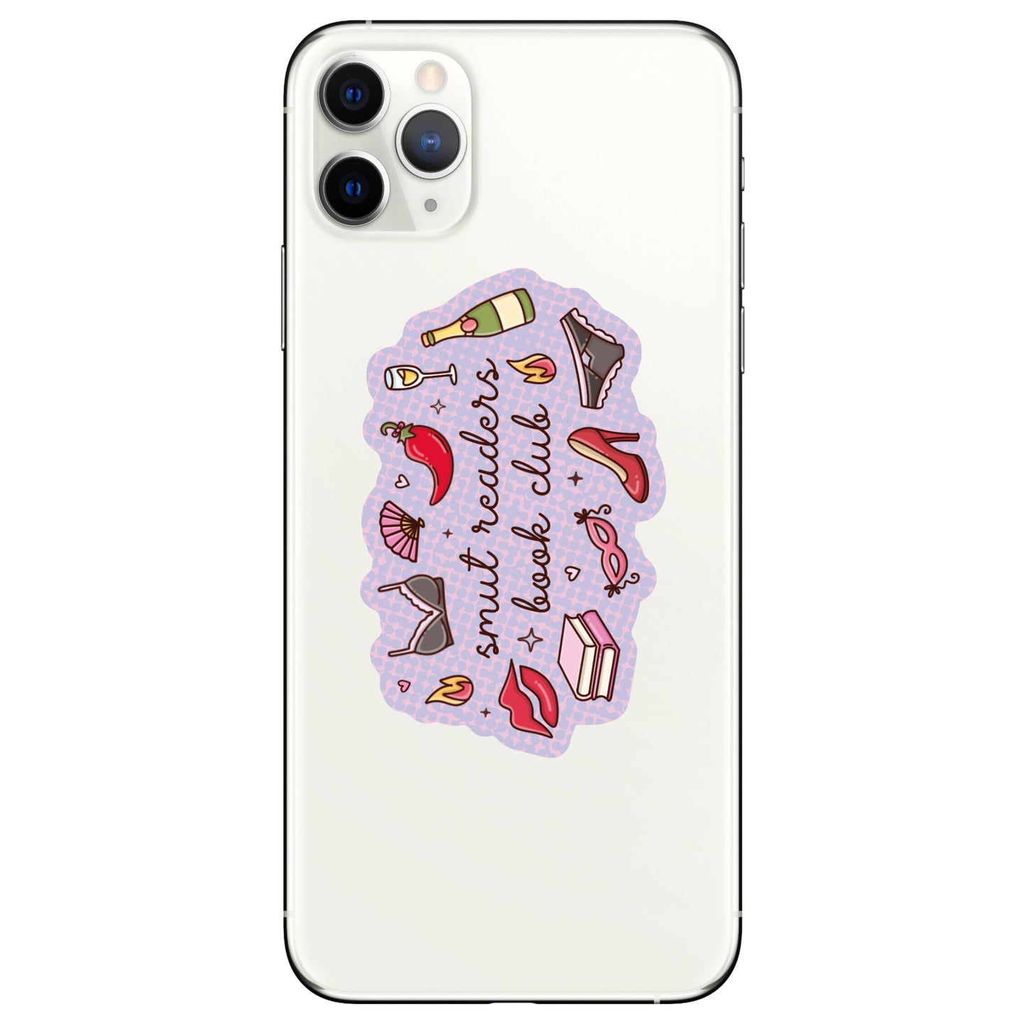Phone case with 'smut readers book club' design on a white background