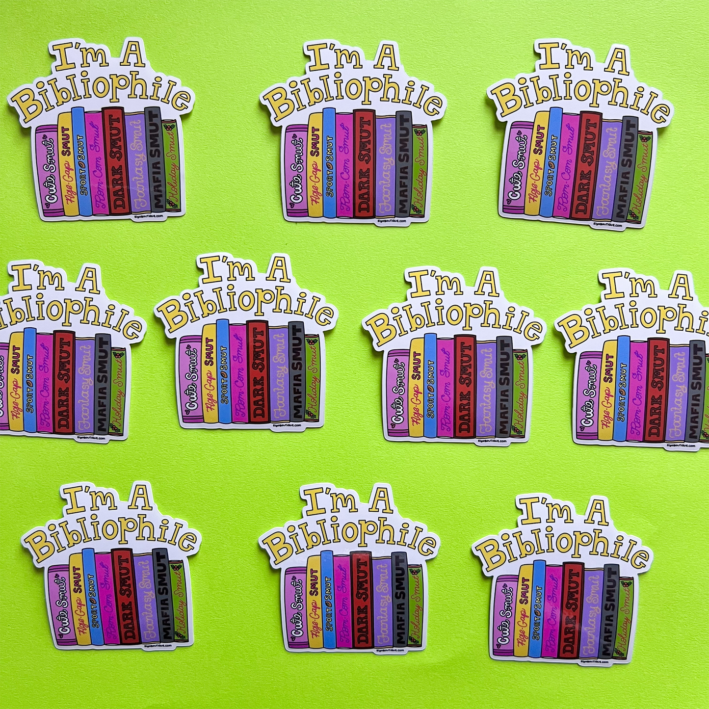 Stickers with book design and 'I'm a Bibliophile' text on a green background