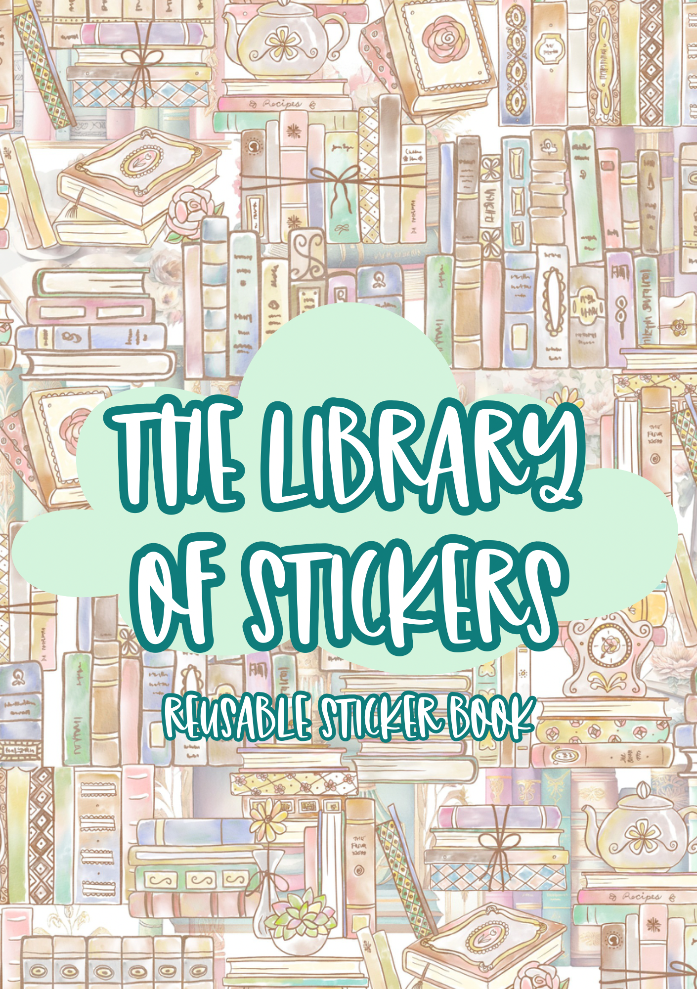 Reusable sticker book cover with pastel color design and text 'The Library of Stickers'.
