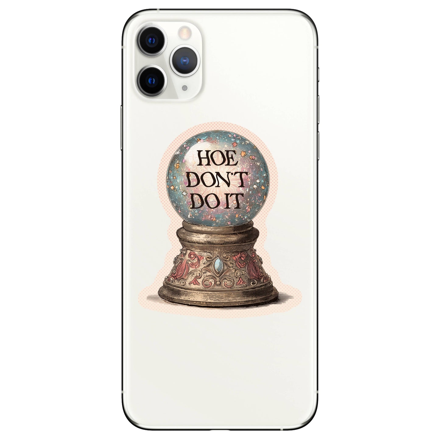 Phone case with a snow globe design and text on a white background