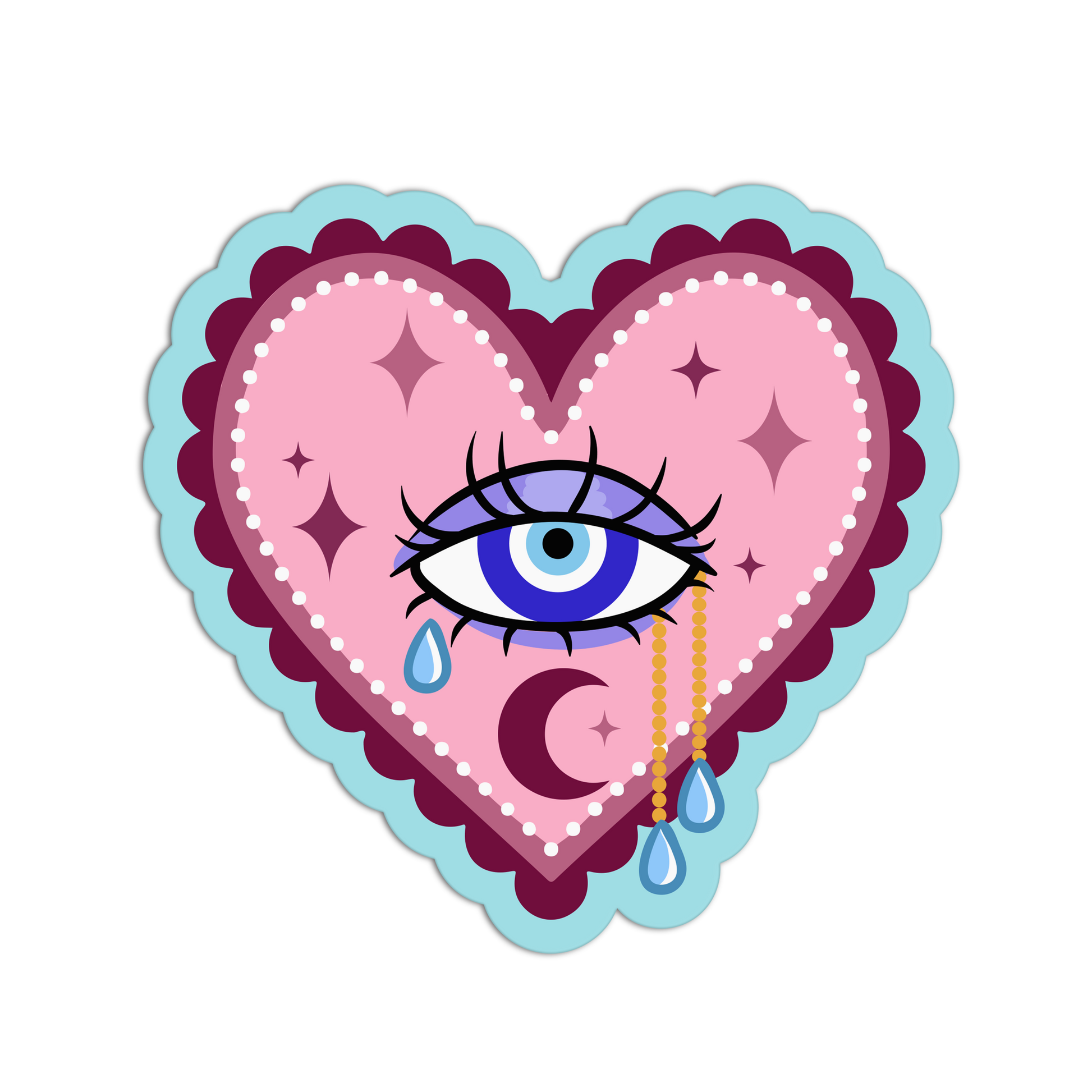 A heart-shaped sticker or patch design featuring a stylized blue eye with teardrops, a pink background with white dots and star accents, a dark purple scalloped border, and a light blue outer border.