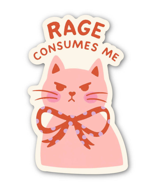 Sticker of a pink cat with a bow and 'RAGE CONSUMES ME' text on a white background