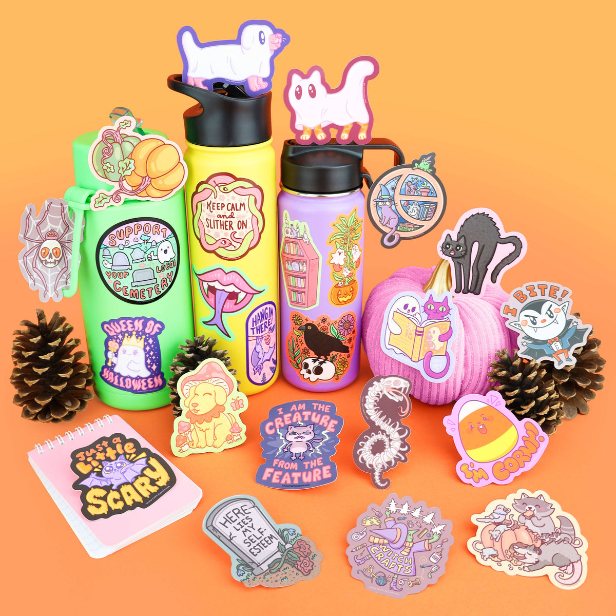 Colorful water bottles and stickers on an orange background