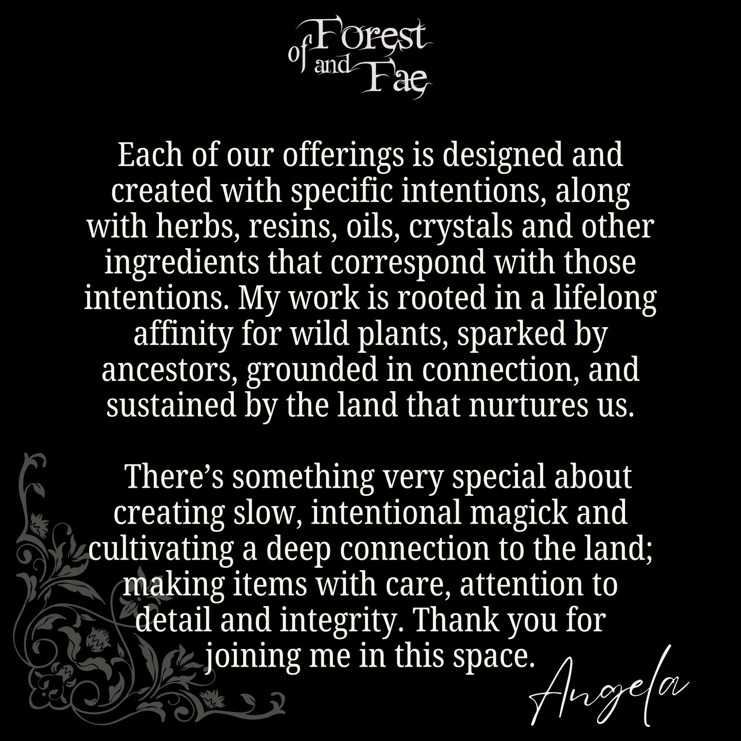 Text on a black background about offerings, intentions, and connection to nature.