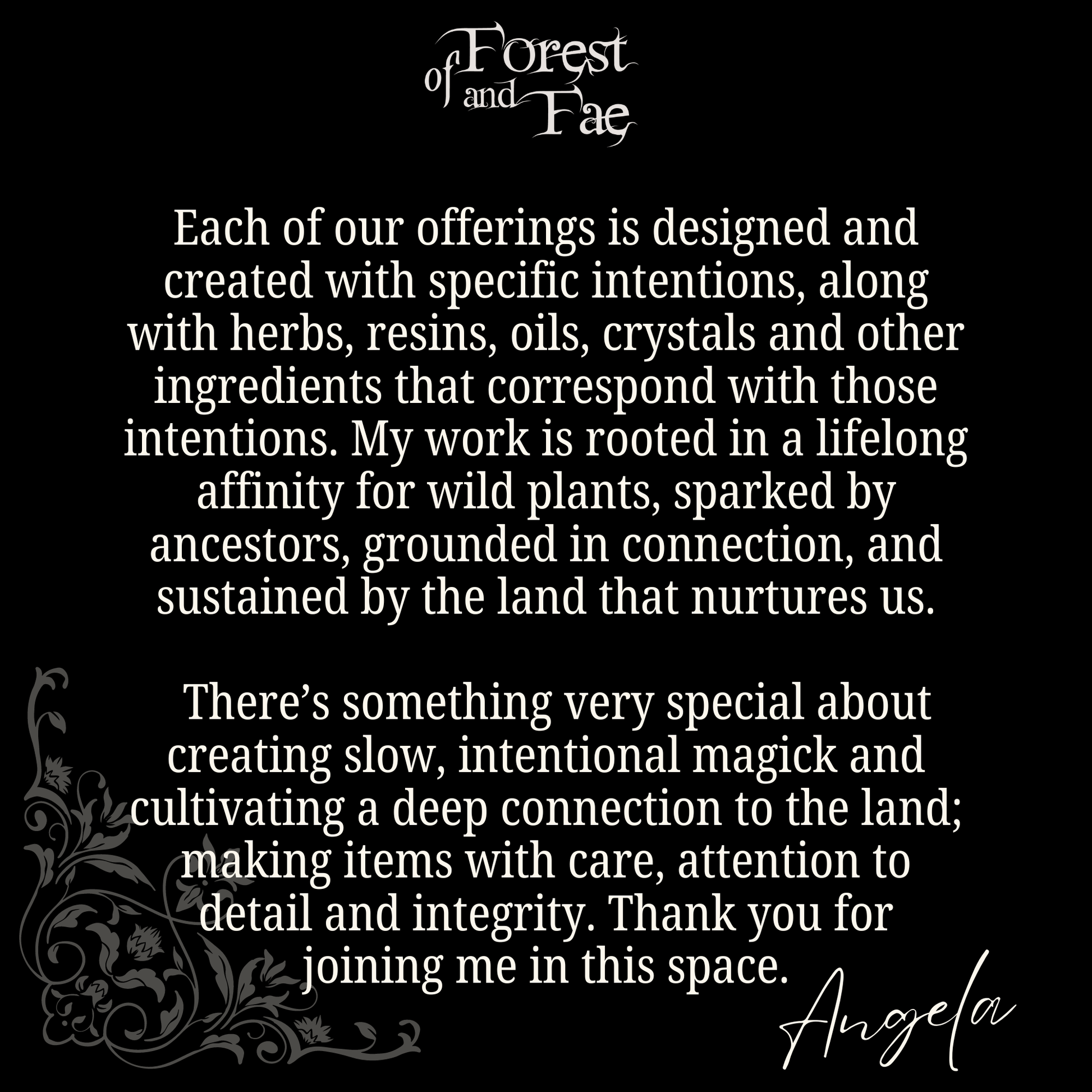 Text on a black background about offerings, intentions, and connection to nature.