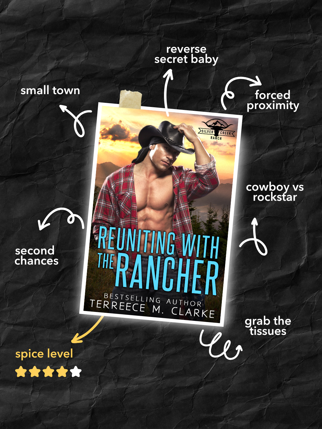 Book cover of 'Reuniting with the Rancher' with promotional text on a textured black background