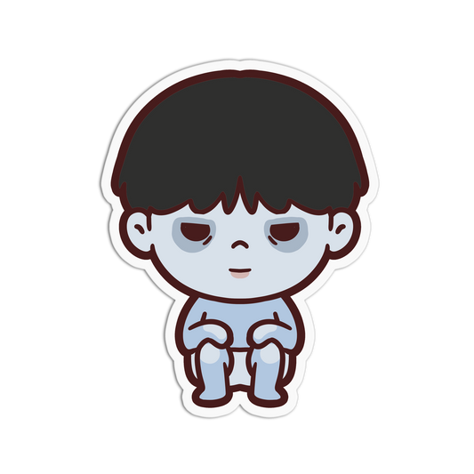 Cartoon character with dark hair and light skin on a white background