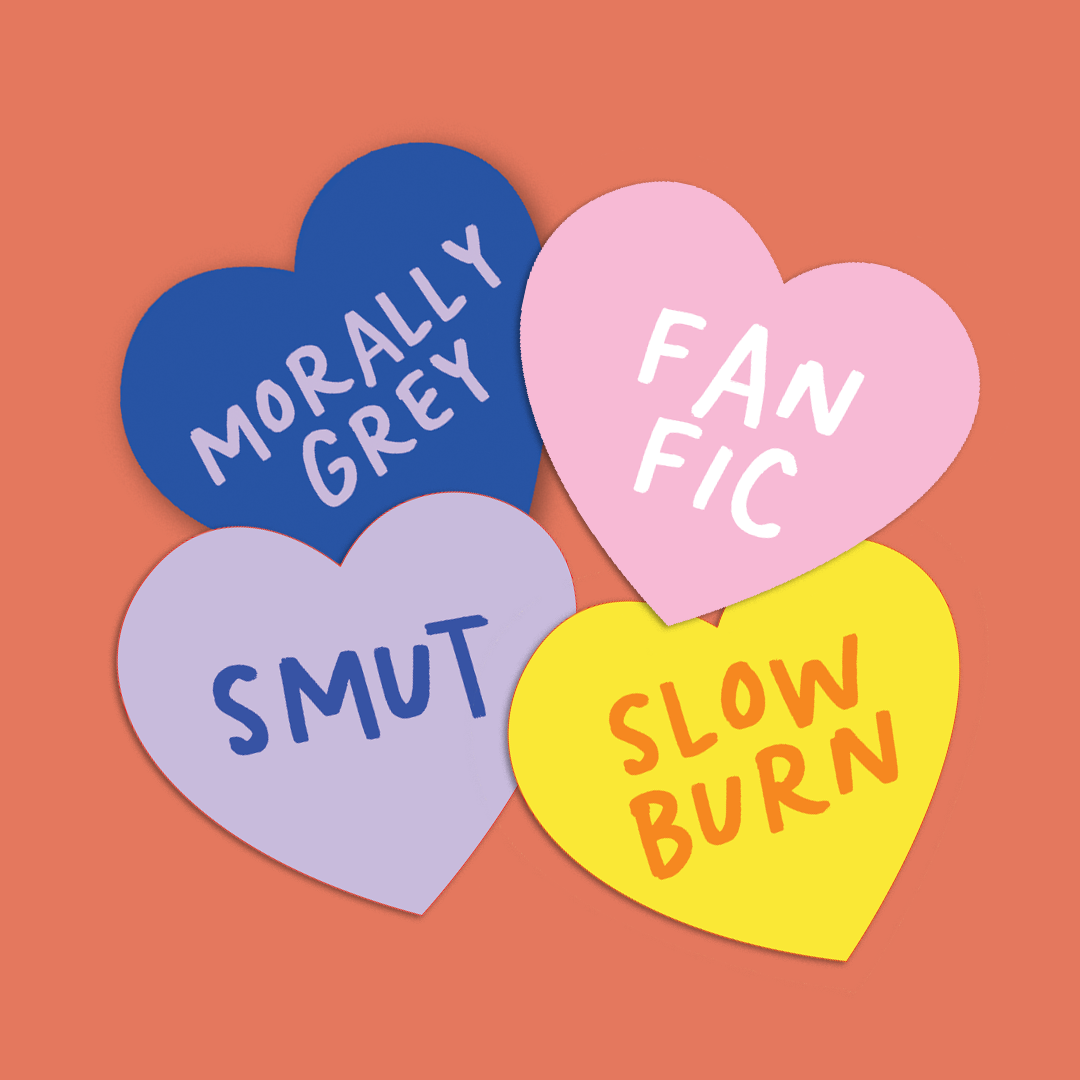 Four heart-shaped stickers with text on a peach background