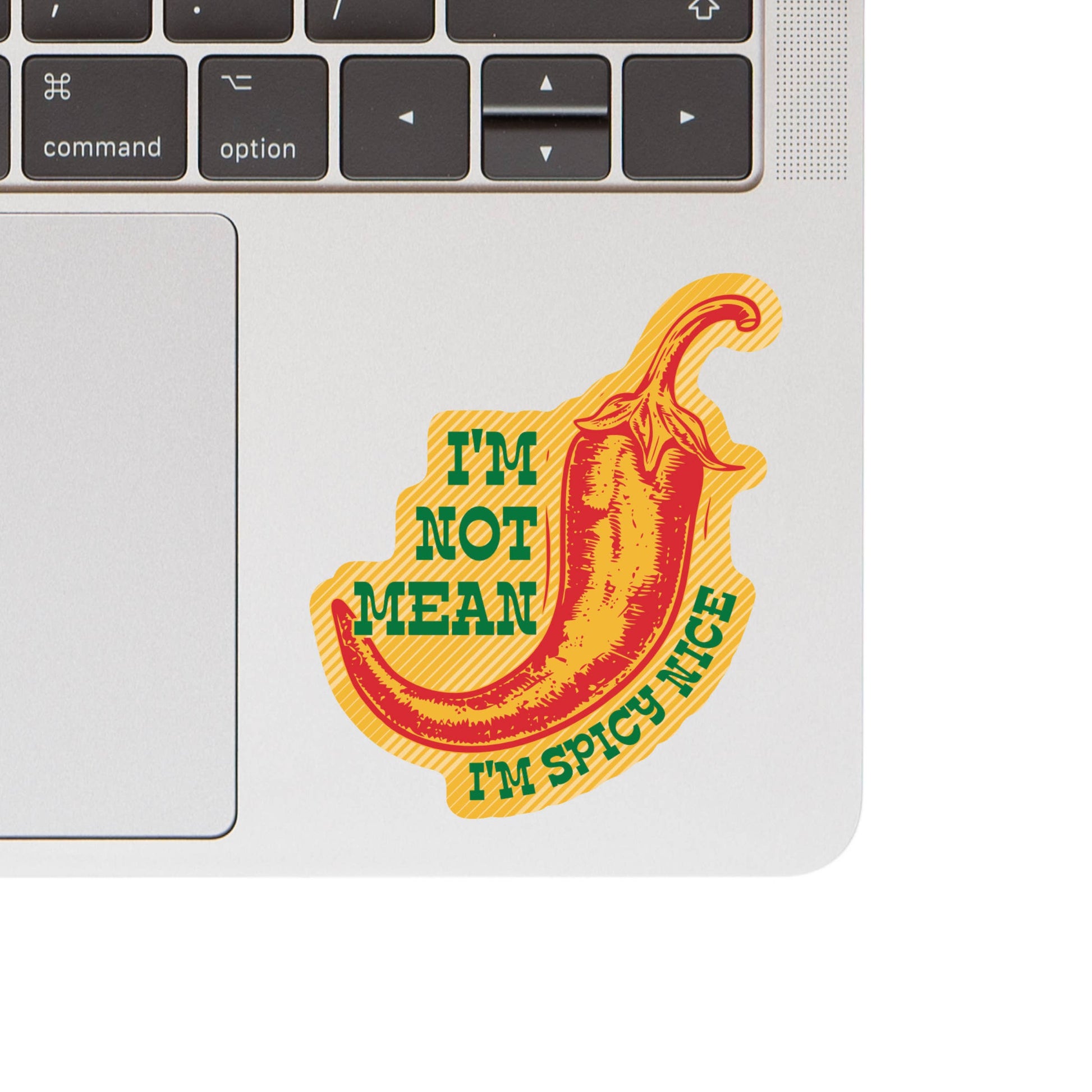 Laptop with a chili pepper sticker reading 'I'm not mean, I'm spicy nice' on a white background