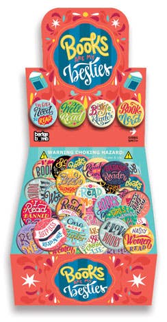 Display of 'Books are my Besties' sticker book with colorful stickers on a white background