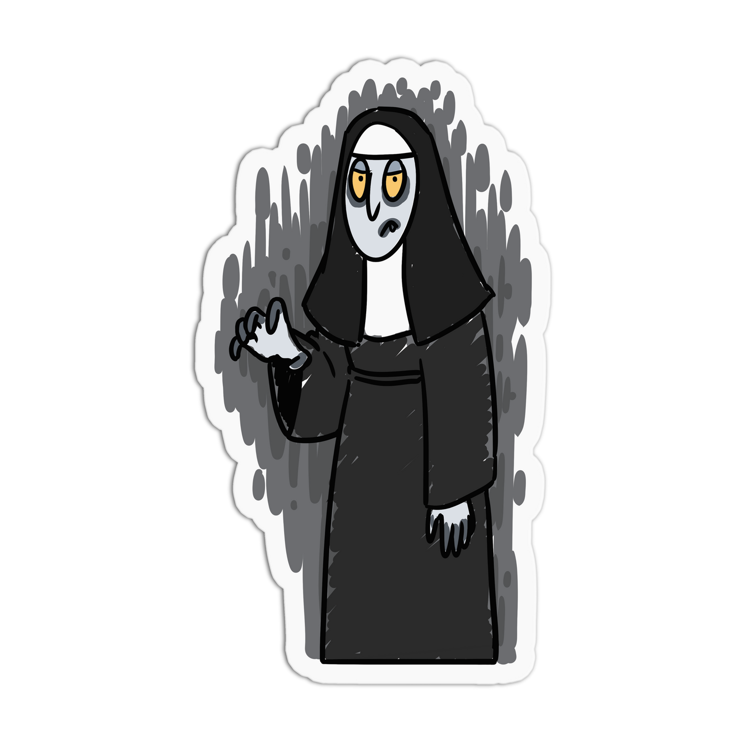 A die-cut sticker featuring a cartoon illustration of a ghostly nun in a black robe and veil with pale gray skin, yellow eyes, and a distressed gray background, shown on a plain white background.