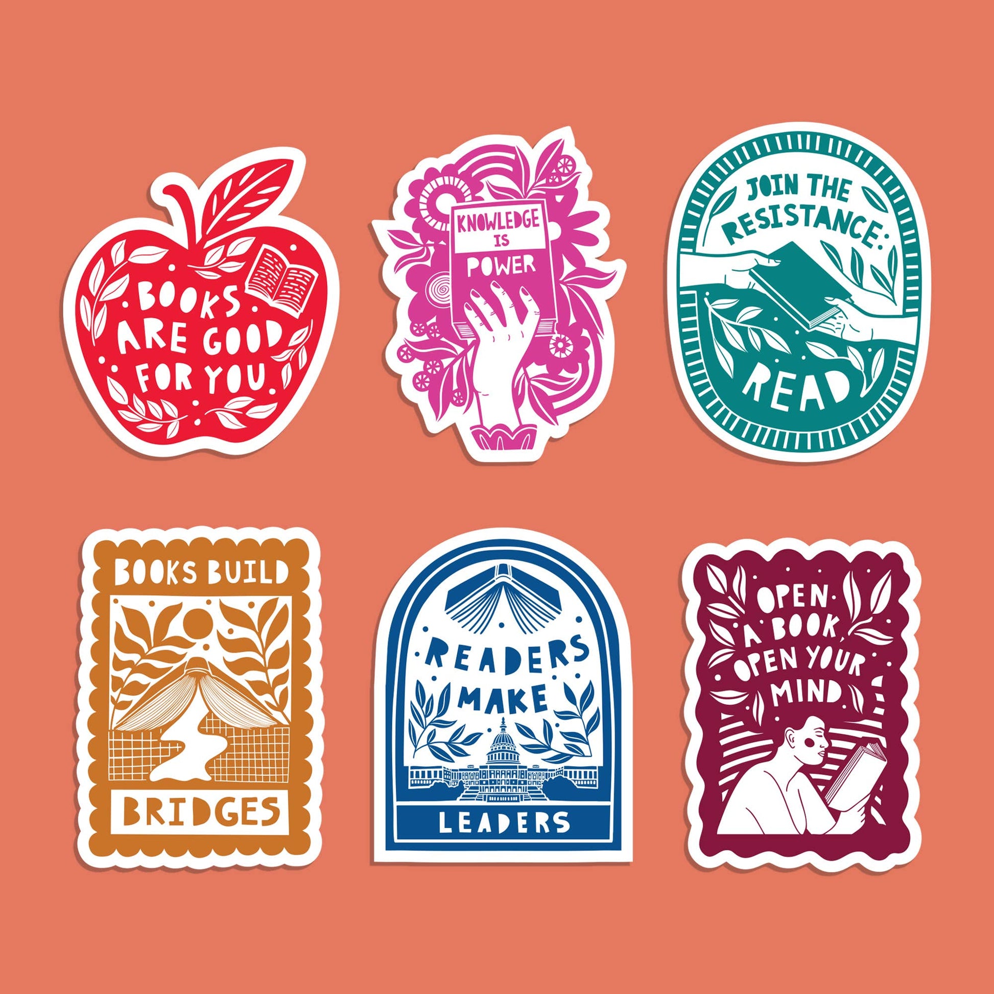 Set of six book-themed stickers on a peach background