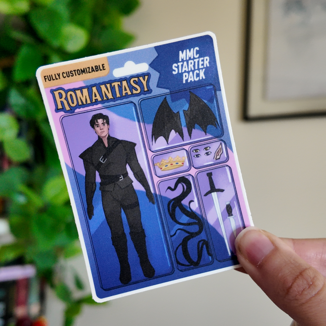 Card with character design and customizable elements labeled 'Romantasy' and 'MMC Starter Pack'.