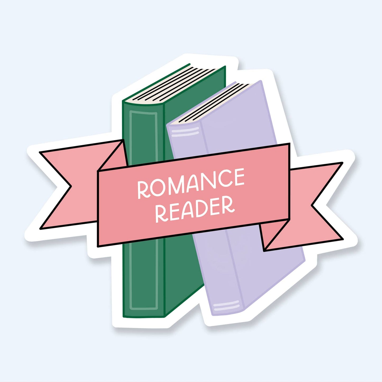 Sticker with books and a banner labeled 'ROMANCE READER' on a light blue background