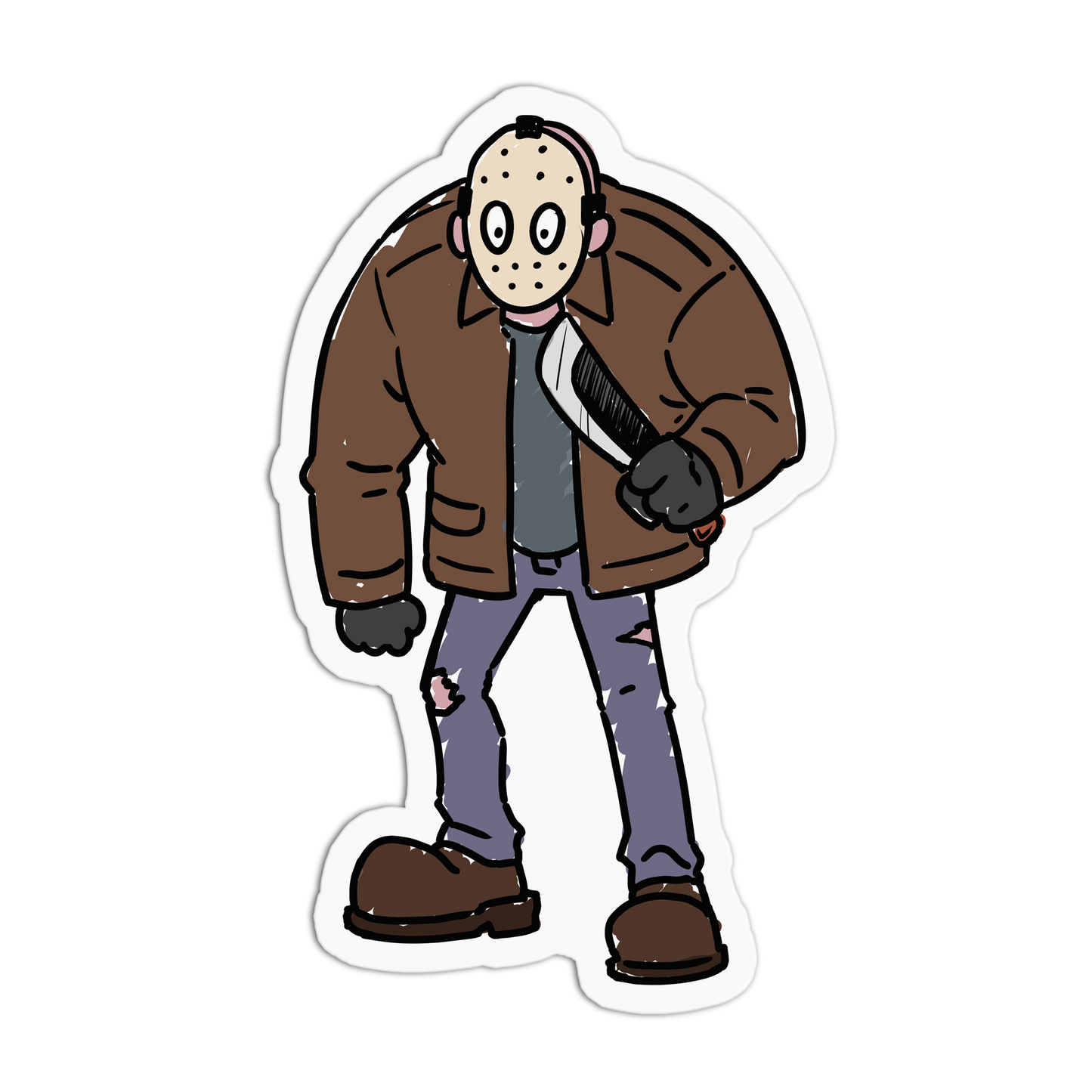Cartoon character in a brown jacket and jeans on a white background